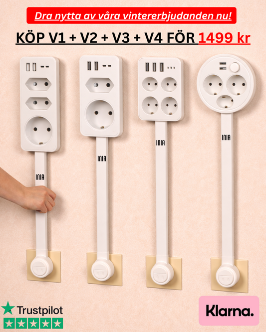 INIA® – Set med 4 utdragbara och vridbara förlängningssladdar (EU-kontakt)